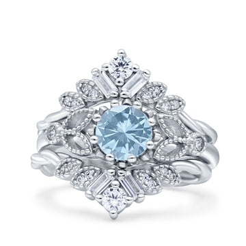 Art Deco Three Piece Wedding Bridal Set Ring Round Simulated Aquamarine CZ 925 Sterling Silver